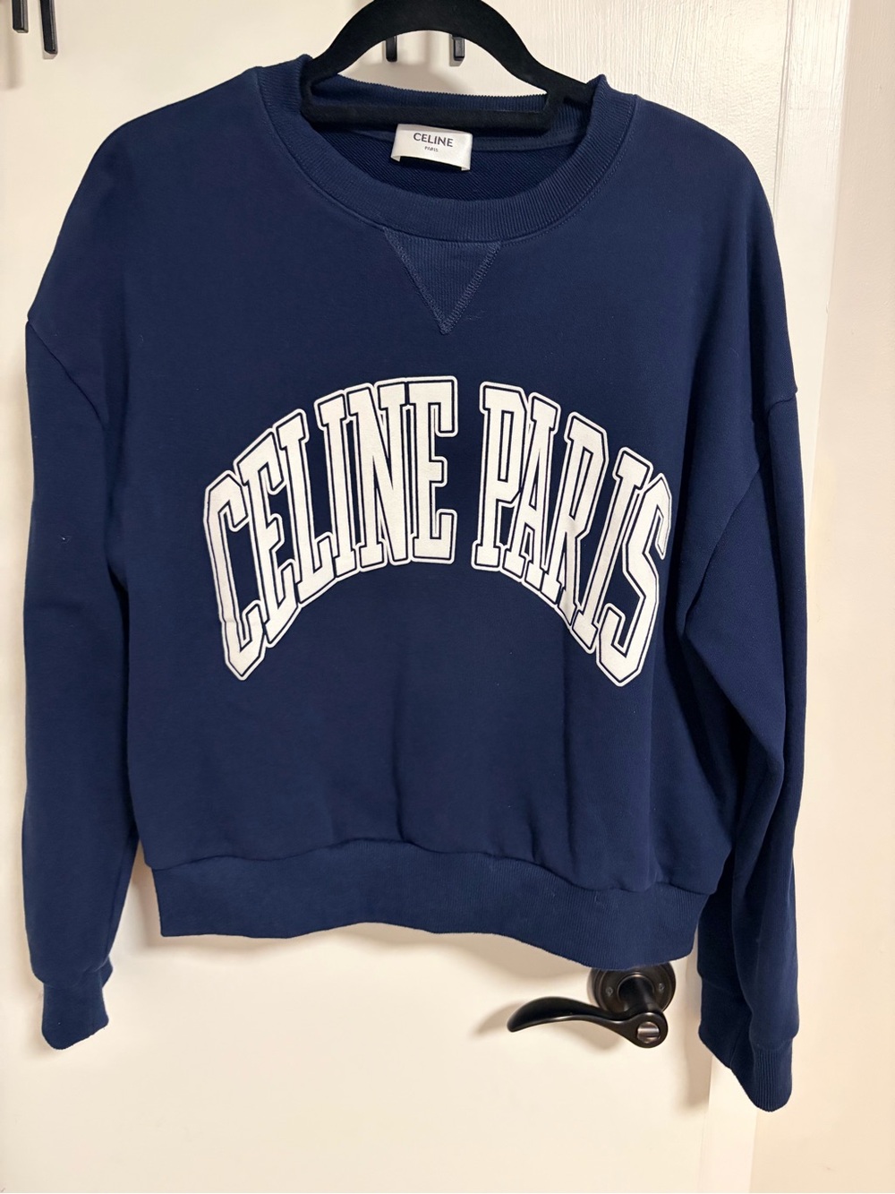 Celine Navy Crewneck Sweater with White CELINE PARIS Logo